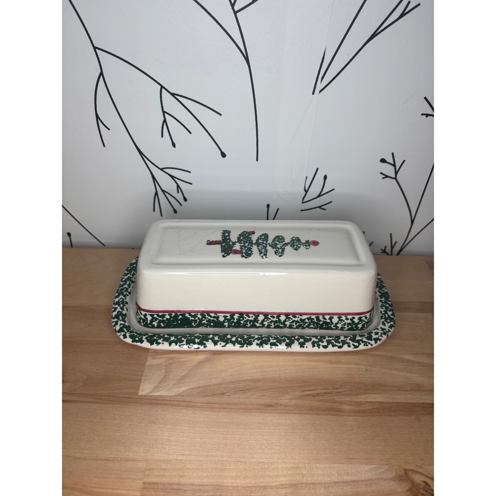 Furio Christmas Tree Butter Dish Italian Ceramic Holiday Sponged Green Cream